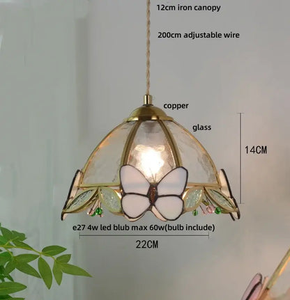 Delicate green stained glass butterfly pendant light with clear glass led leaves and brass accents for bedroom decorbites