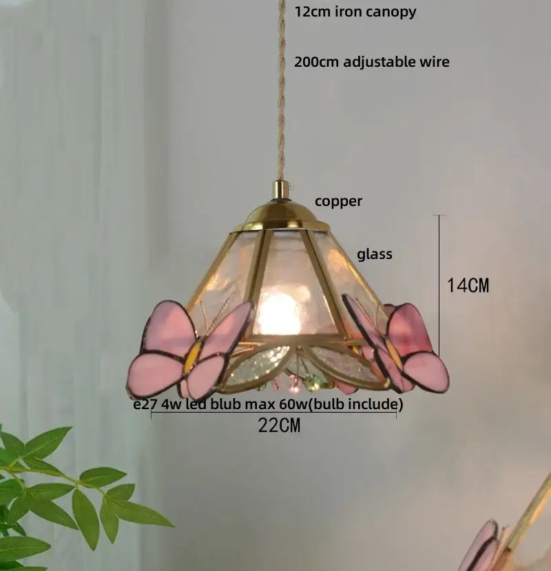 Delicate pink butterfly pendant light with copper frame and adjustable suspension perfect for decorbites clear glass decor