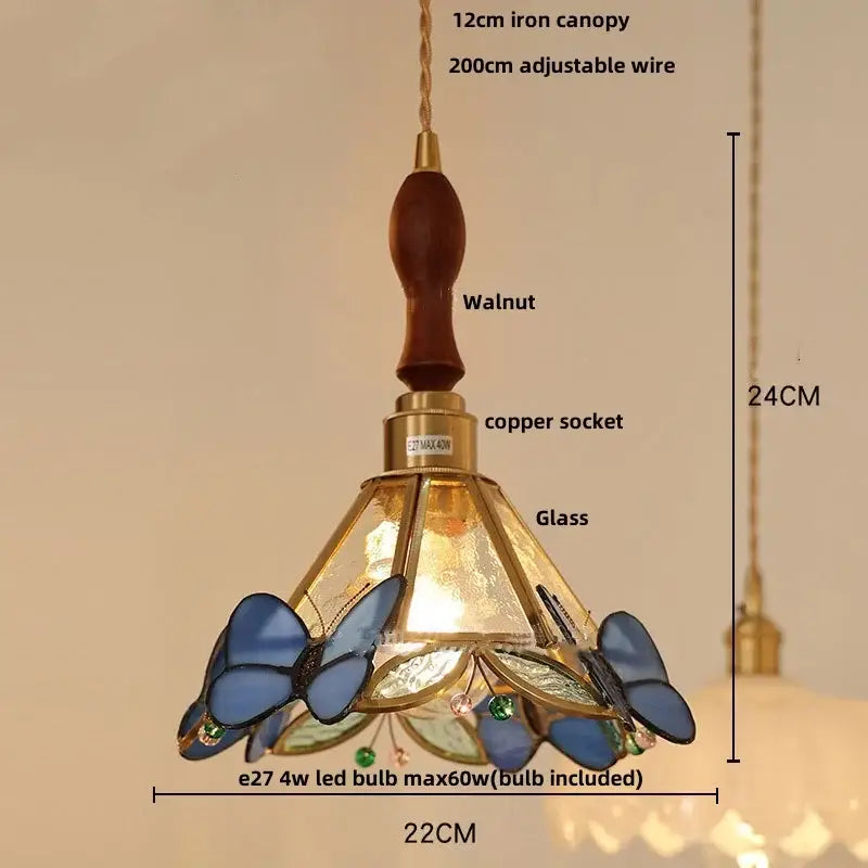 Green stained glass butterfly pendant light with walnut iron canopy copper socket decorbites clear glass led decor