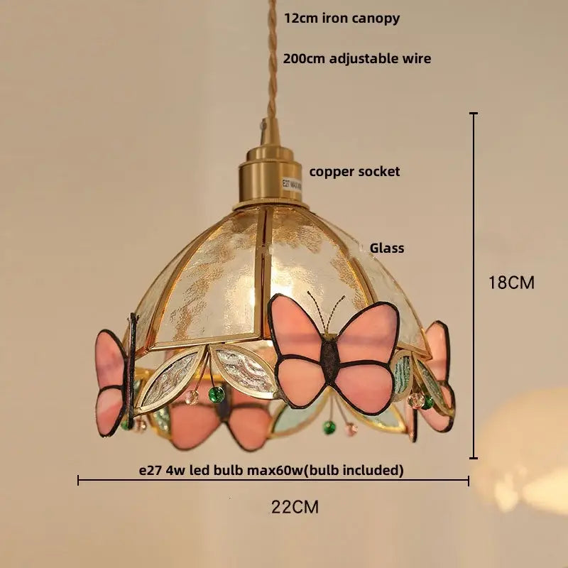 Green stained glass butterfly pendant light with pink and gold accents featuring clear glass led decorbites elements