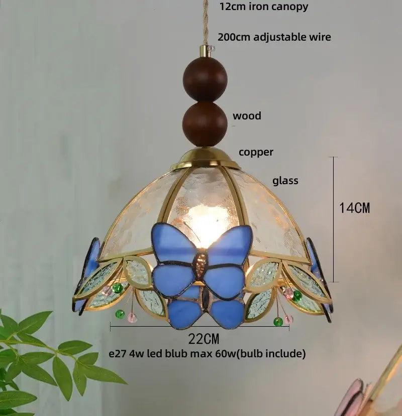 Delicate blue butterfly-themed green stained glass pendant light with brass accents decorbites clear glass led decor