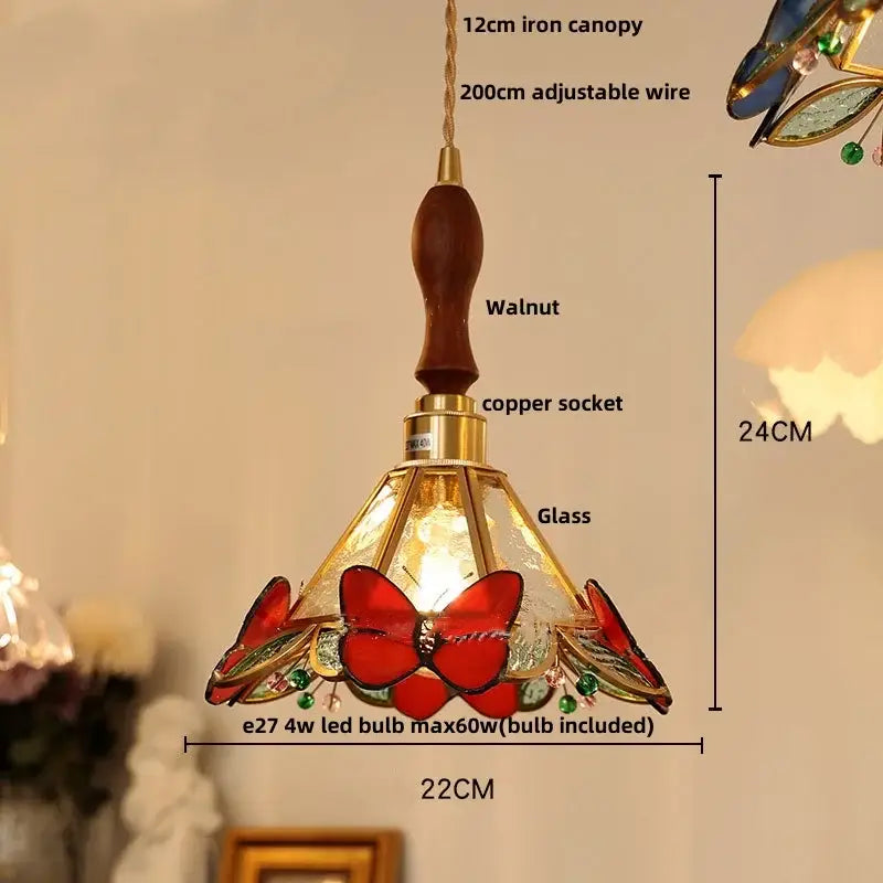 Green stained glass butterfly pendant light with walnut handle copper socket and red motifs for decorbites clear glass decor