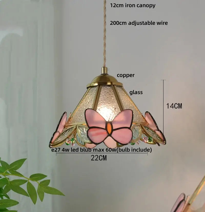 Delicate pink butterfly pendant light with copper accents and 20cm adjustable wire for decorbites clear glass led lighting