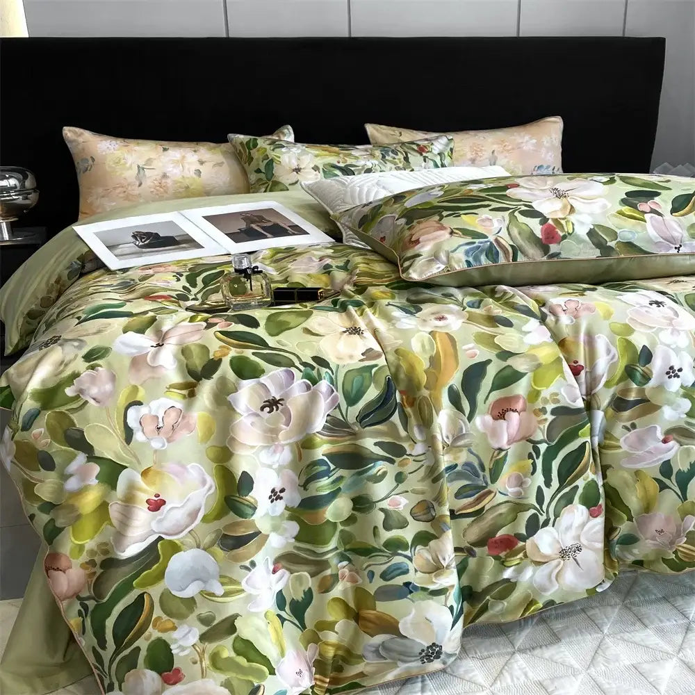 Elegant green and white floral patterned satin bedding set made from decorbites 1000tc egyptian cotton fabric