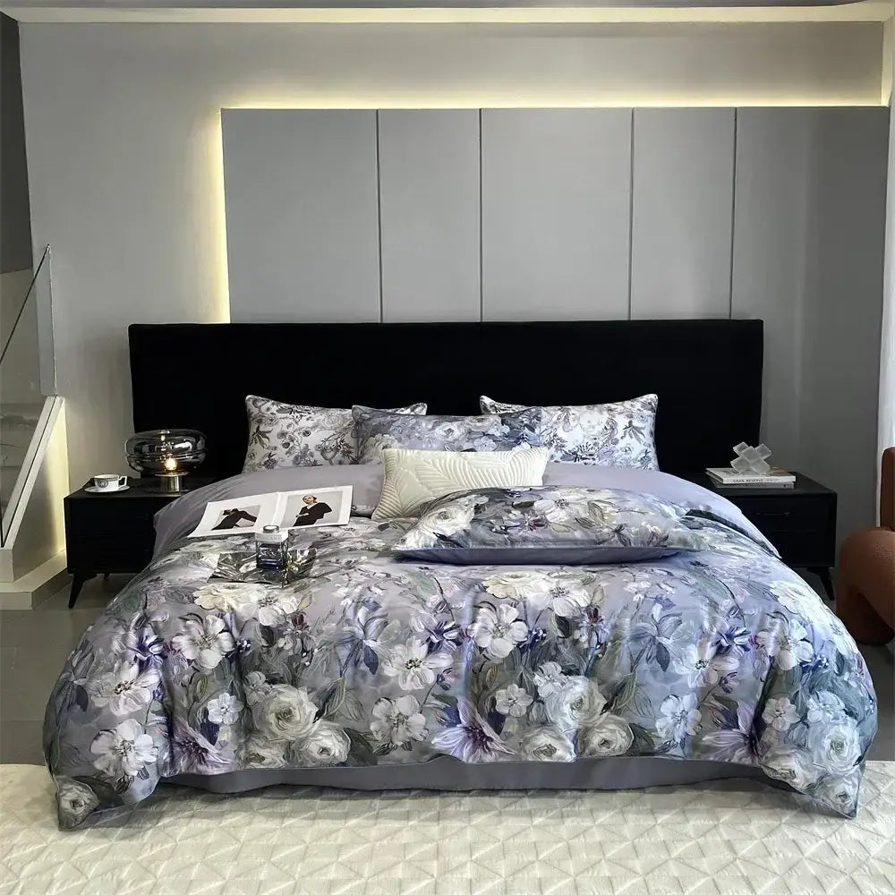 A luxurious gray and white floral bedding set with soft satin texture made from decorbites 1000tc egyptian cotton