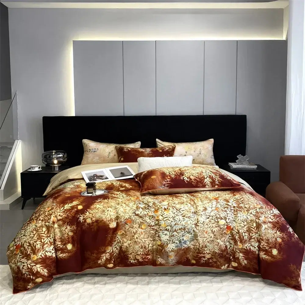 Luxurious rust and cream botanical print bedding set in rich textured decorbites 1000tc egyptian cotton fabric