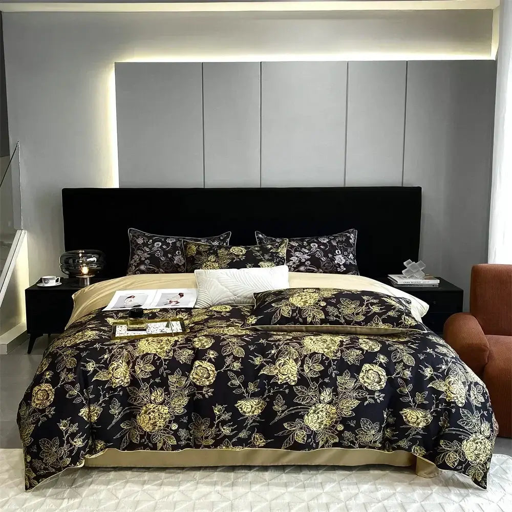 Black and gold floral bedding set with satin-like finish from decorbites 1000tc egyptian cotton collection
