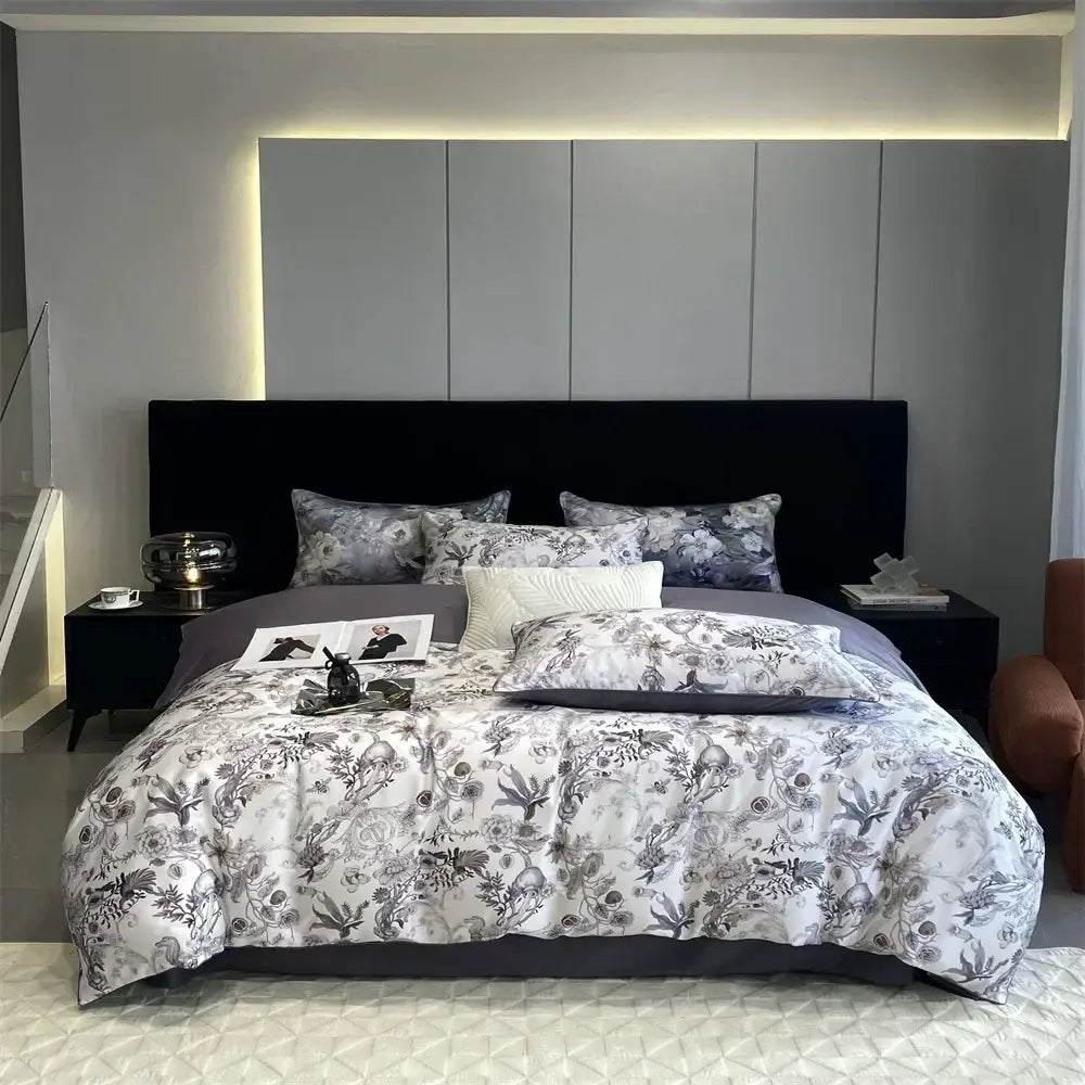 Green and white floral 1000tc egyptian cotton bedding set with intricate black and white botanical print decorbites 1000tc egyptian