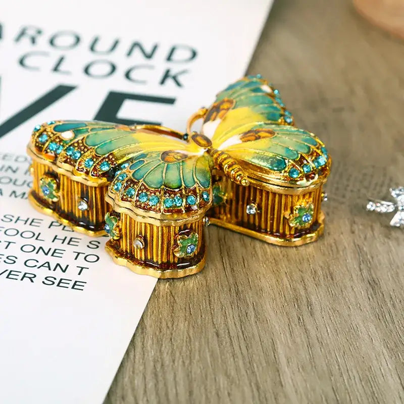 Green and yellow butterfly enamel gem jewelry box with gold-tone metal decorbites butterfly enamel wings for storage
