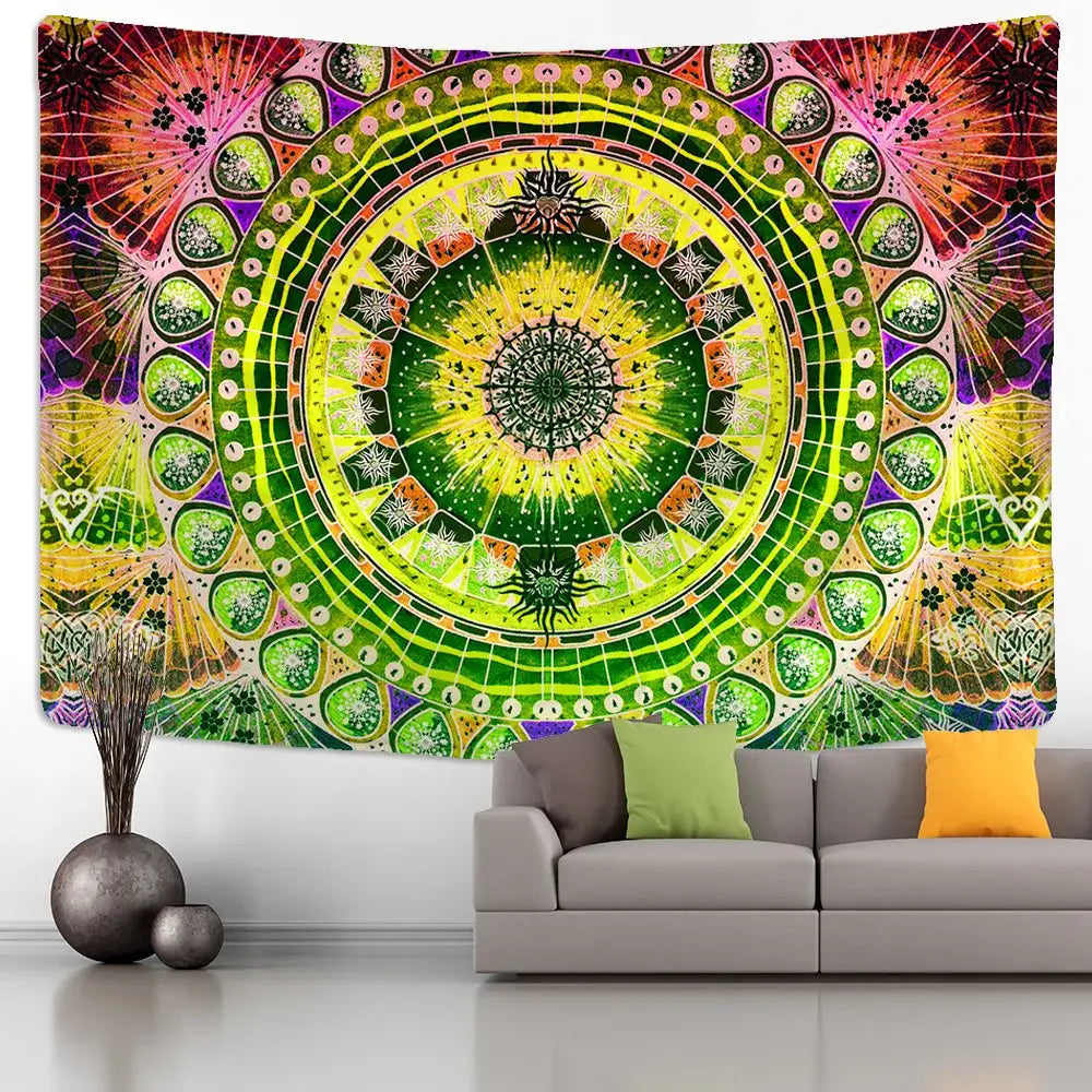 Vibrant green and yellow mandala wall hanging with intricate neon geometric patterns for decorbites grey mandala decor