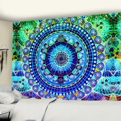 Vibrant blue and green mandala wall hanging with intricate geometric patterns for decorbites grey mandala decorbites grey mandala carpet