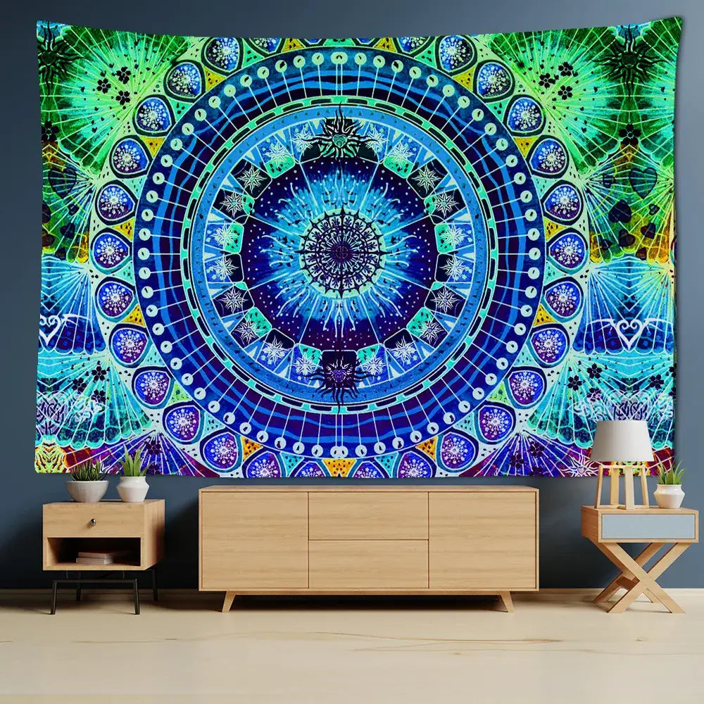 Vibrant blue and green psychedelic mandala wall hanging tapestry ideal for decorbites grey mandala or grey mandala carpet decor