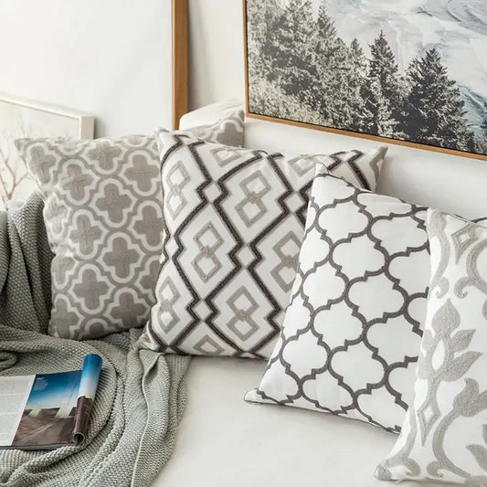 Grey geometric embroidered cushion cover with gray and white geometric pattern for living room decorbites cushion cover