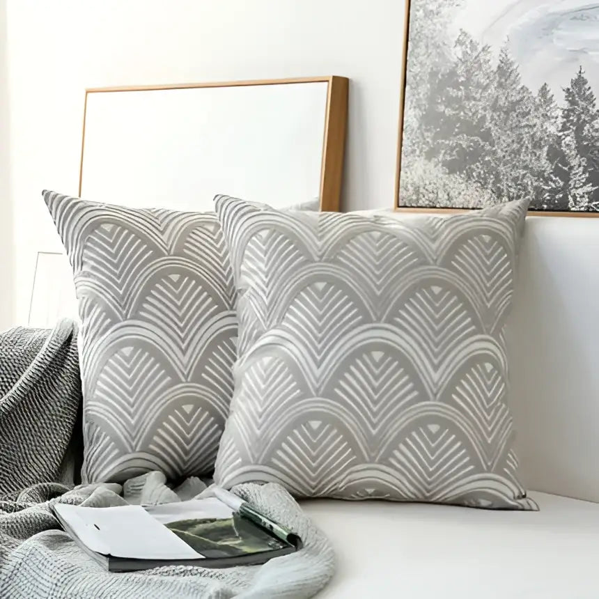 Grey geometric embroidered cushion cover with gray and white throw pillows for modern living room decorbites decor