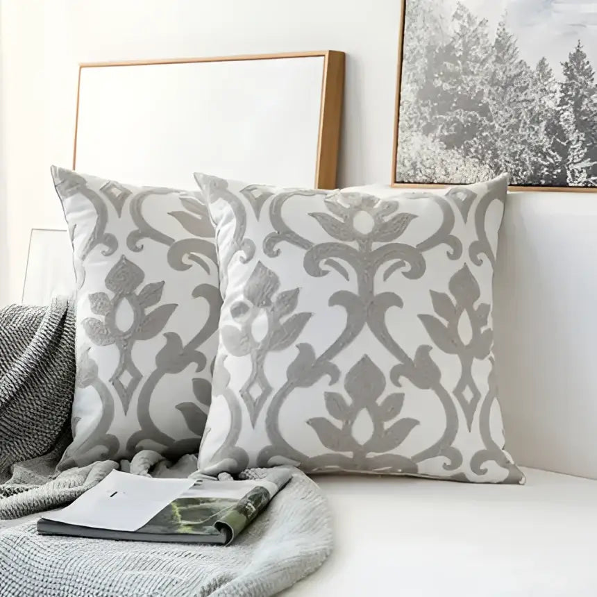 White and gray damask-patterned cushion cover with soft textured fabric decorbites grey geometric embroidered design