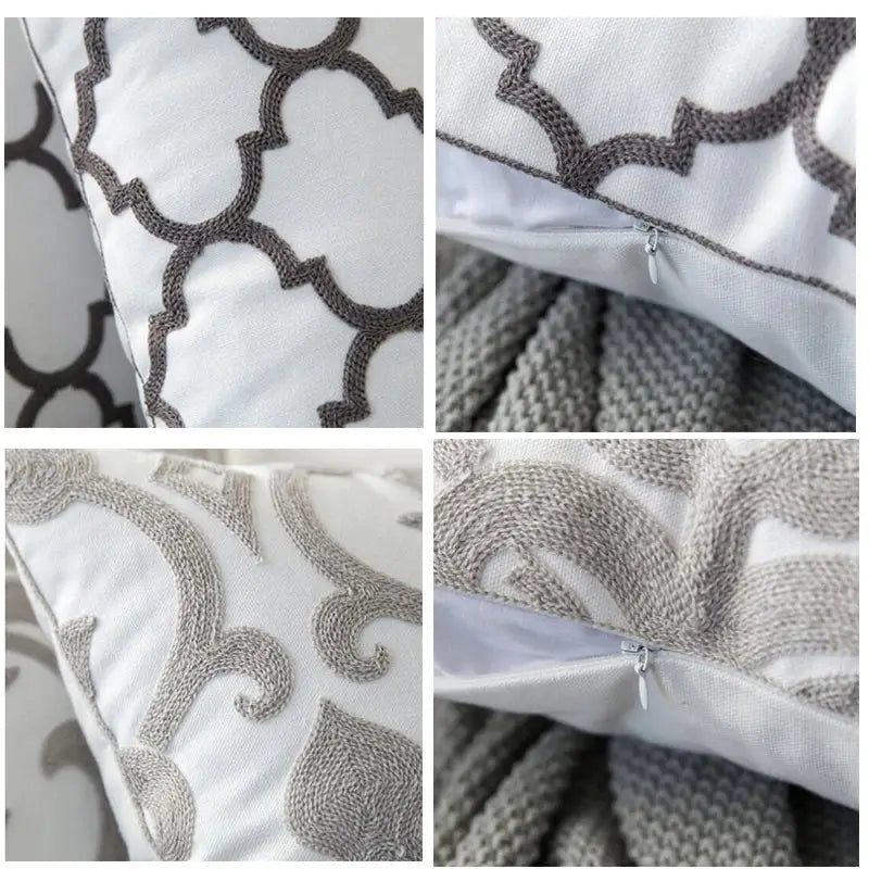 White cushion cover with gray geometric embroidered patterns and zipper closure for living room decorbites grey geometric style