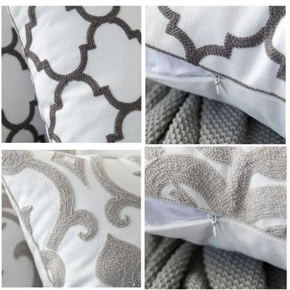 White cushion cover with gray geometric embroidered patterns and zipper closure for living room decorbites grey geometric style