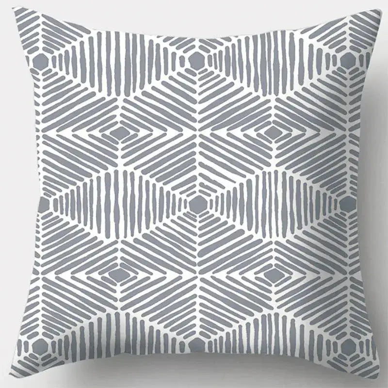 Grey geometry patterned throw pillow case with modern minimalist design for living room decor featuring grey geometry leaves