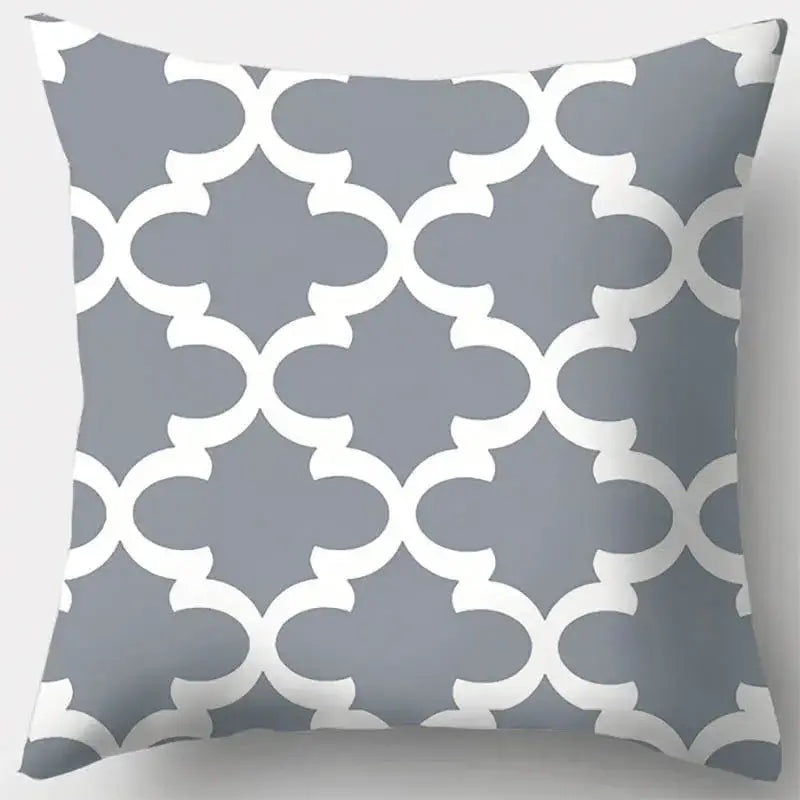 Grey throw pillow case with white quatrefoil pattern featuring grey geometry design for living room decor