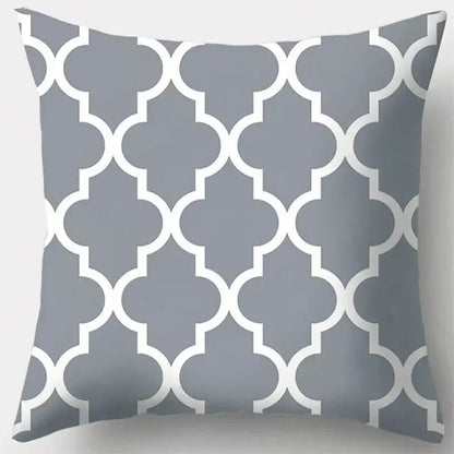 Grey geometry patterned pillow case with white quatrefoil design for living room decor and comfort
