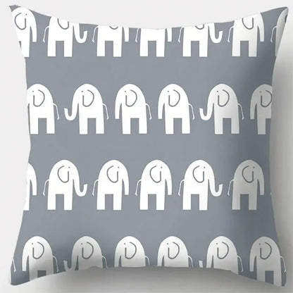 Gray throw pillow case with grey geometry pattern featuring white stylized elephants for living room decor