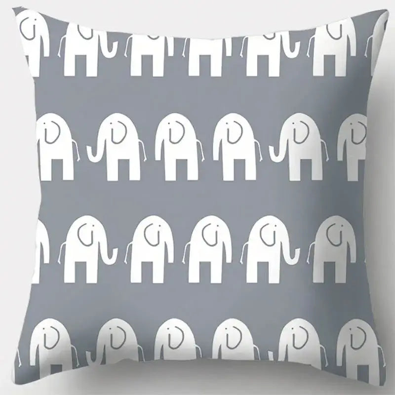 Gray throw pillow case with grey geometry pattern featuring white stylized elephants for living room decor