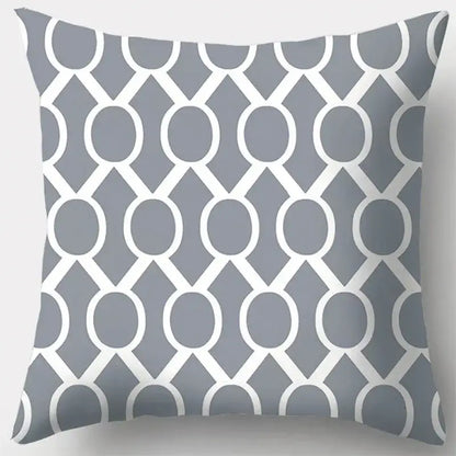 Grey geometry patterned throw pillow case featuring white circles and diamonds for living room decor