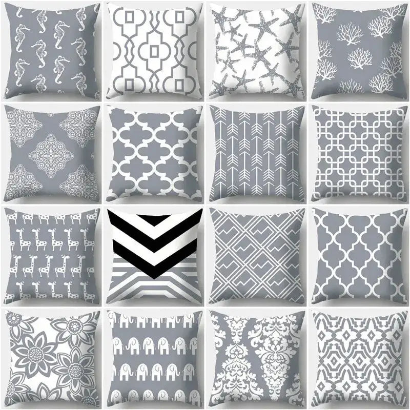 Grey geometry patterned pillow case with seahorses stars arrows elephants and damask for living room decor