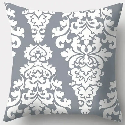 Gray and white damask patterned pillow case featuring grey geometry leaves for elegant living room decor