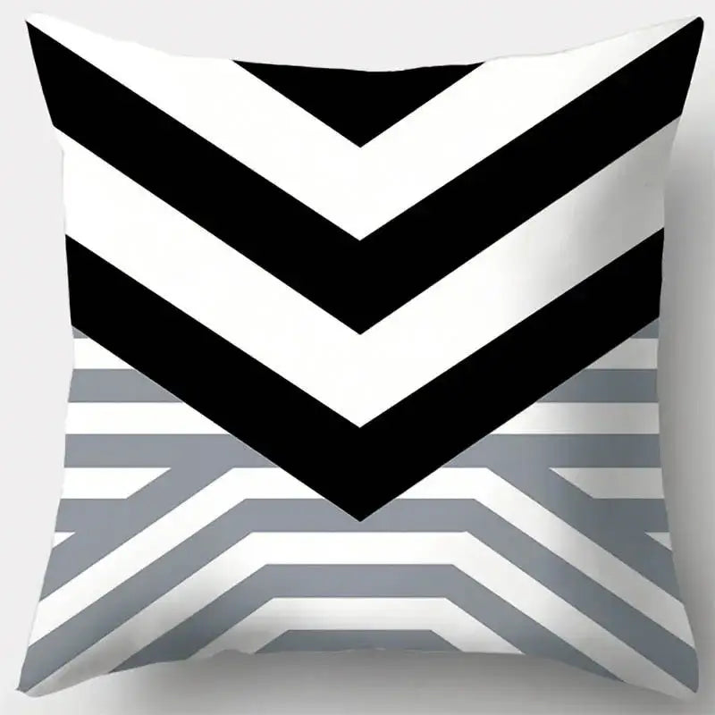 Square throw pillow case with bold black white chevron pattern transitioning to grey geometry stripes for living room decor
