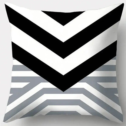 Square throw pillow case with bold black white chevron pattern transitioning to grey geometry stripes for living room decor