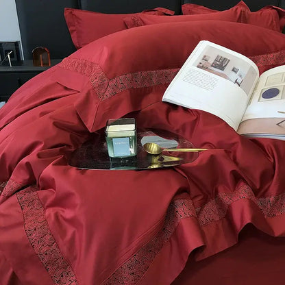 Deep red satin bedding set with delicate lace trim complementing decorbites grey hollow lace egyptian cotton bedding set