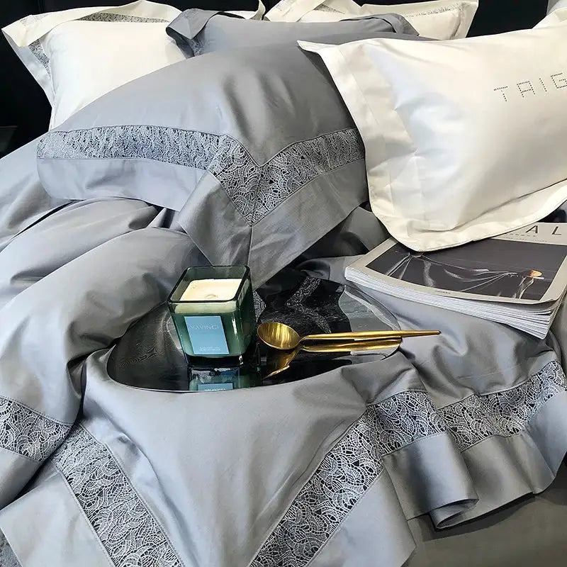 Luxury grey hollow lace egyptian cotton bedding set with gray satin and silver lace trim for elegant bedroom decorbites decor