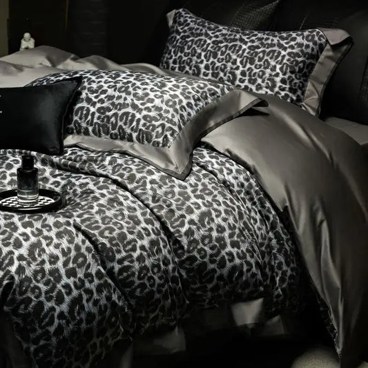 Grey leopard 1000tc egyptian cotton bedding set with black and white leopard print duvet and satin gray trim