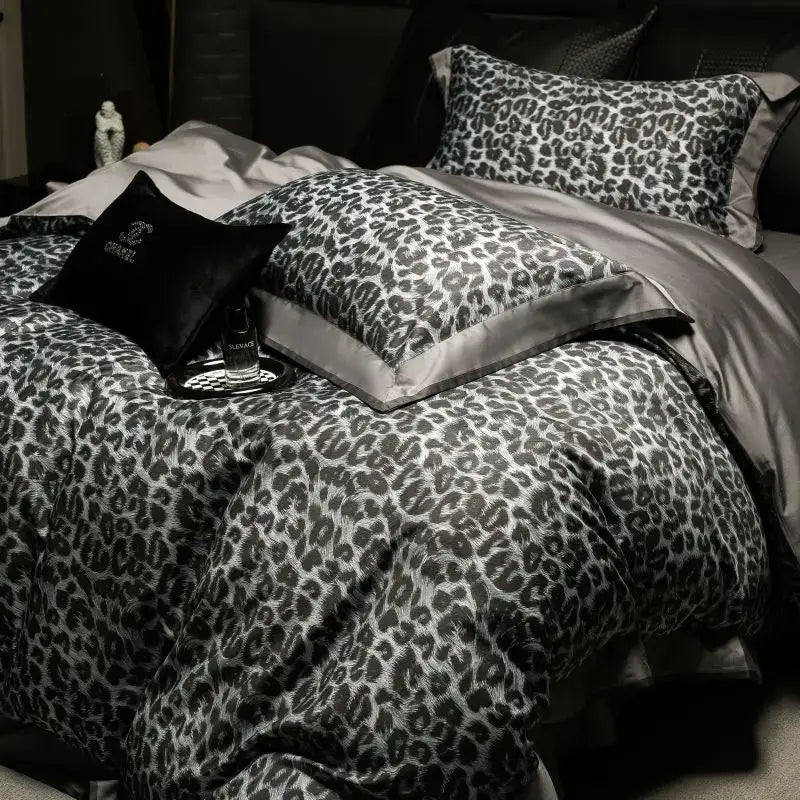Black and gray leopard print duvet cover bedding set with satin trim made from decorbites 1000tc egyptian cotton