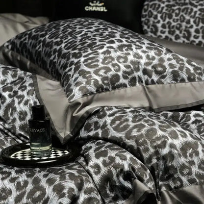 Black and white leopard print satin pillowcase with sleek gray trim from decorbites 1000tc egyptian cotton bedding set