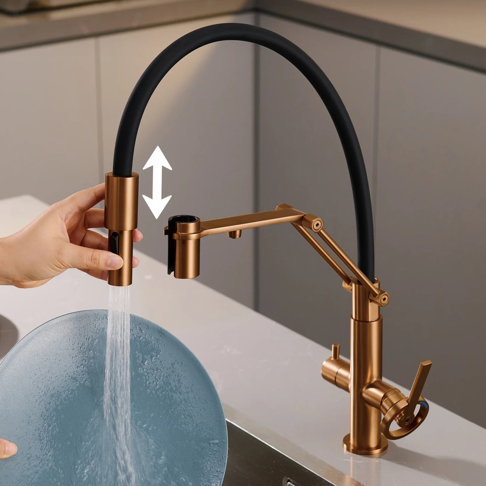Gun gray brass single hole island kitchen faucet with bronze finish, flexible hose, filtered water pull out sprayer