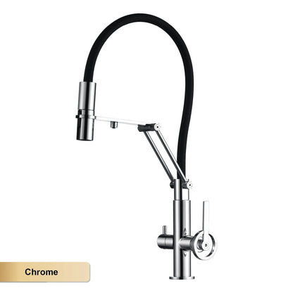 Gun gray brass single hole kitchen faucet with chrome finish, arched spout, black flexible hose, and pull out sprayer