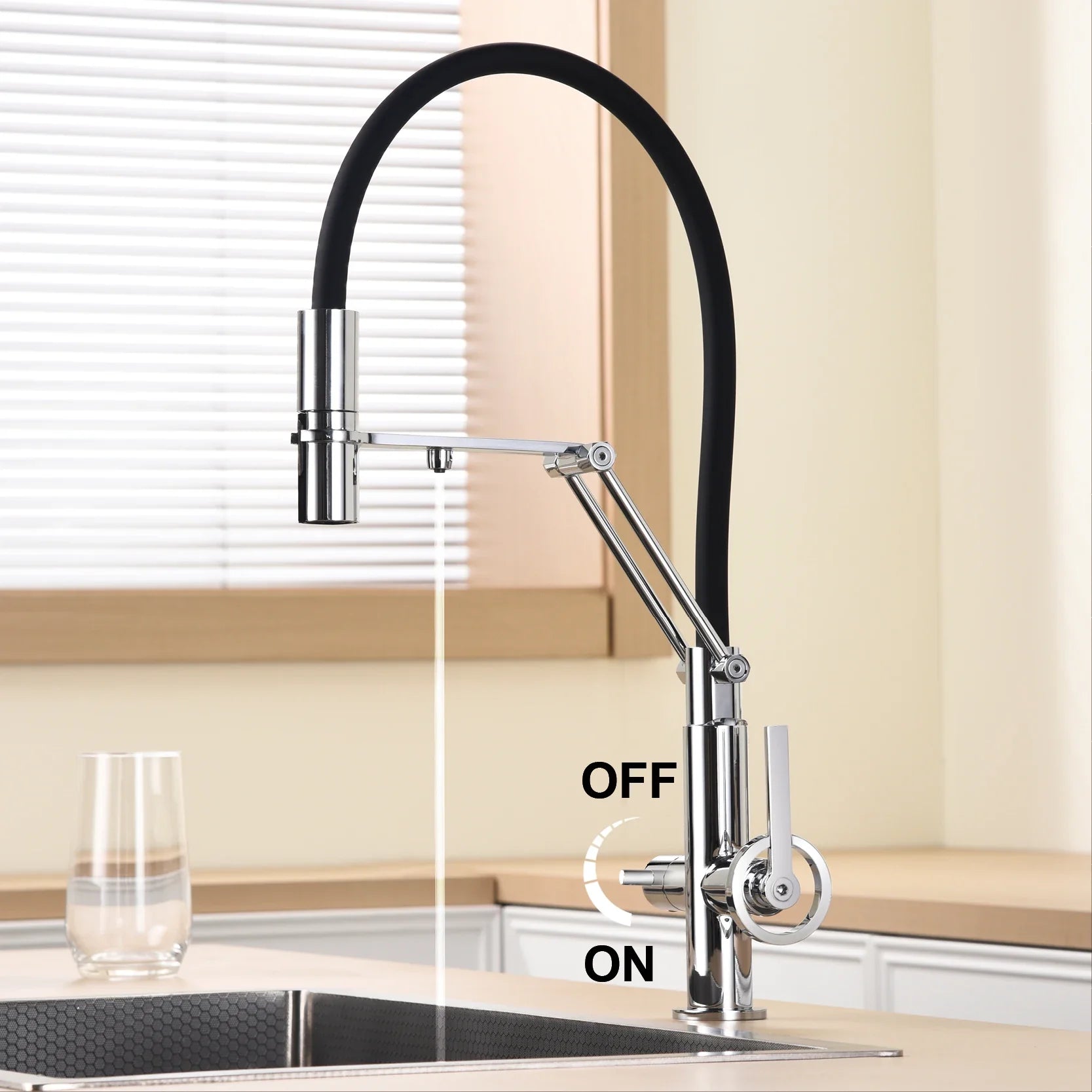 Chrome finished single hole gun gray brass island kitchen faucet with flexible black hose and adjustable gooseneck spout