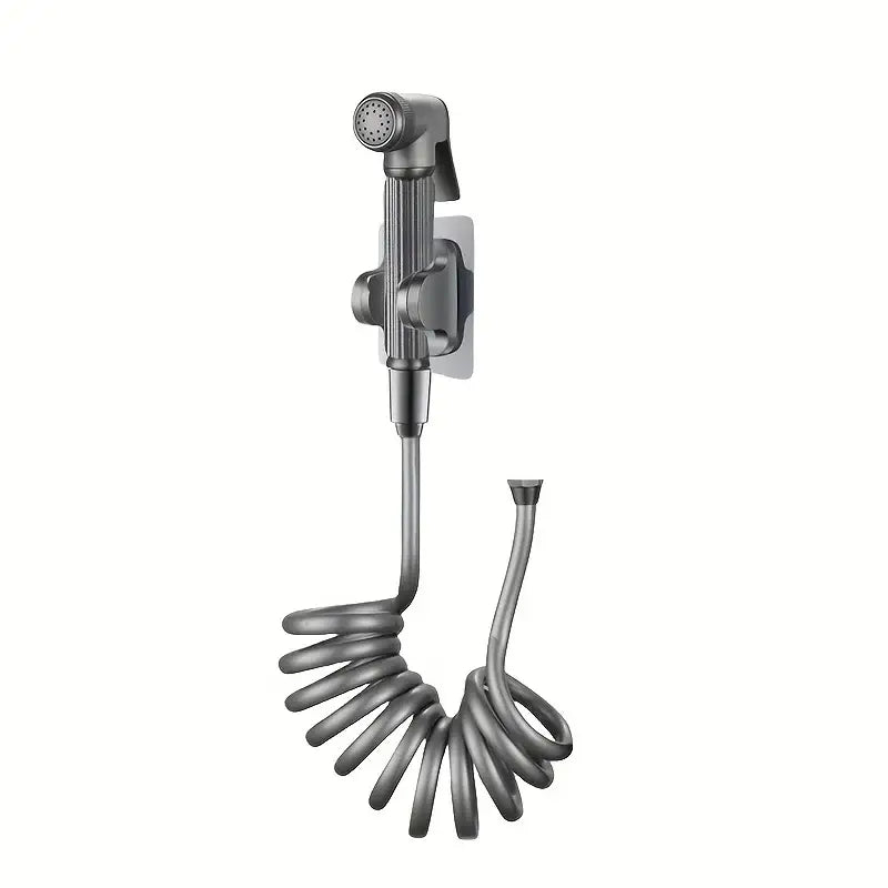 Silver-colored coiled hose with wall-mounted spray nozzle in gunmetal gray copper bidet parts set for dual nozzle control