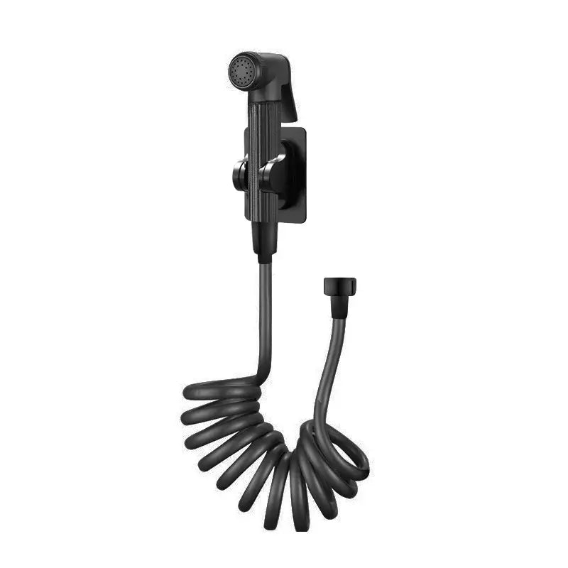 Gunmetal gray copper bidet parts set with black coiled hose handheld showerhead and wall mount for dual nozzle control