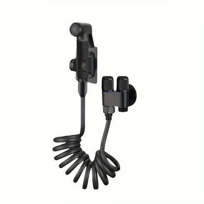 Gunmetal gray copper bidet parts set with black coiled hose showerhead dual nozzle attachment and mounting bracket