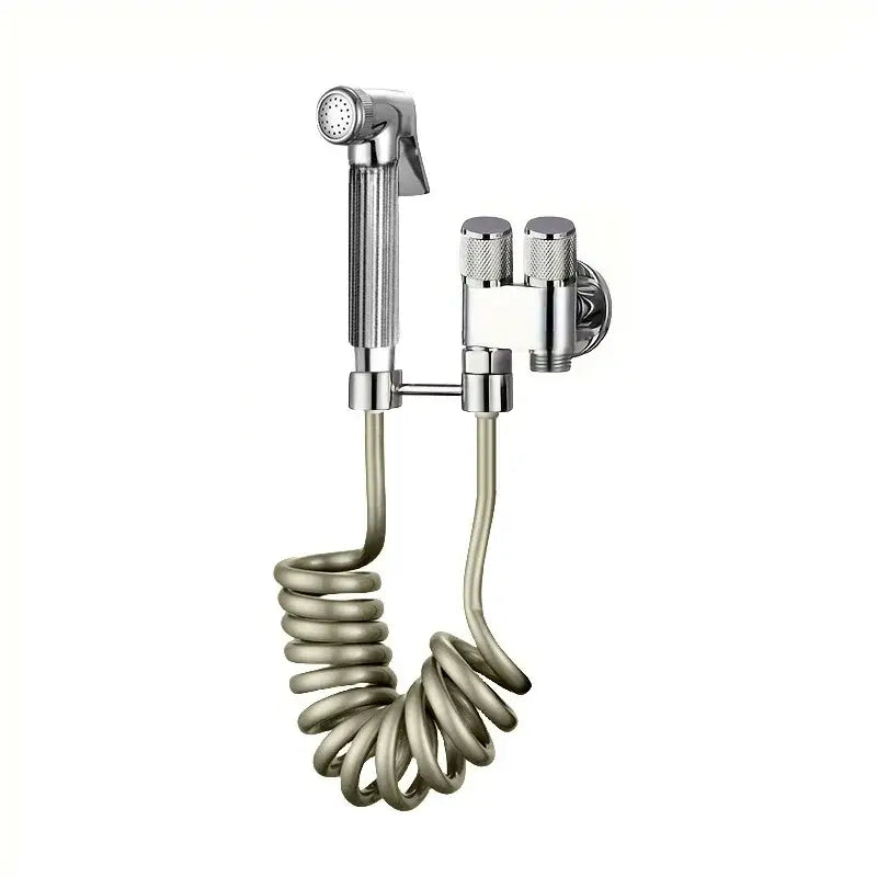 Chrome finished wall-mounted bidet parts set with coiled hose and dual control knobs for gunmetal gray copper bathroom use