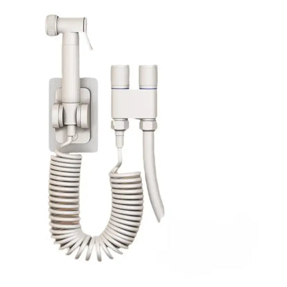 White wall-mounted gunmetal gray copper bidet parts set with coiled hose and dual-tube water supply system