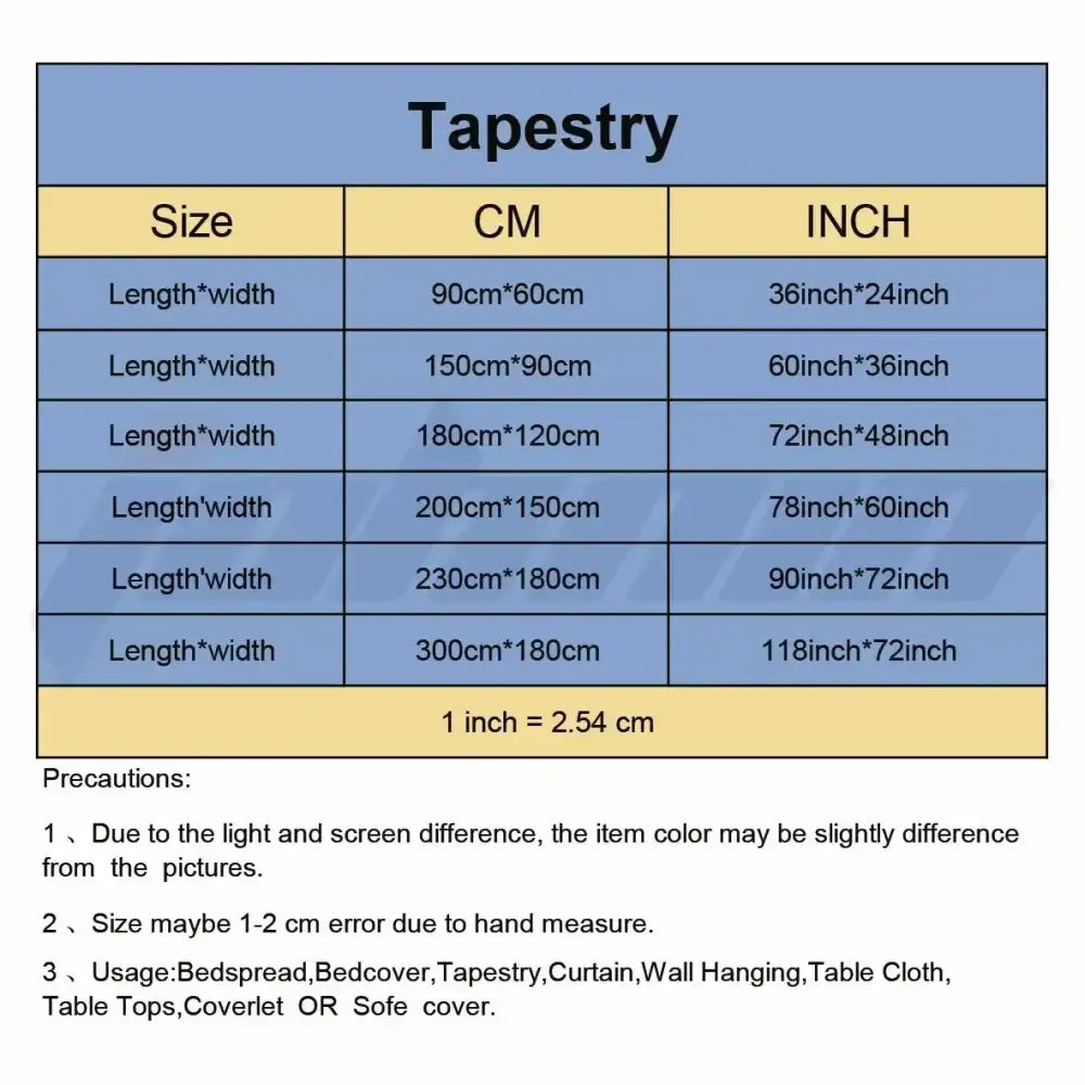A blue haikyuu anime poster tapestry size chart in centimeters and inches with usage tips for bedspread or wall hanging