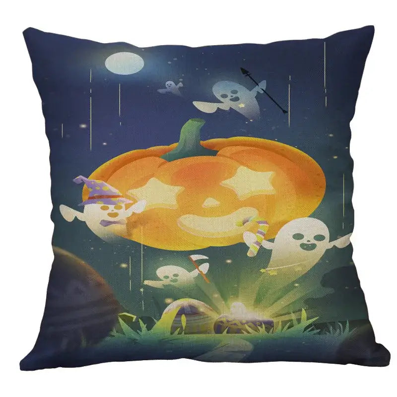 Square halloween pumpkin ghost bat linen pillow cover with glowing jack o lantern and cartoon ghosts on dark blue background