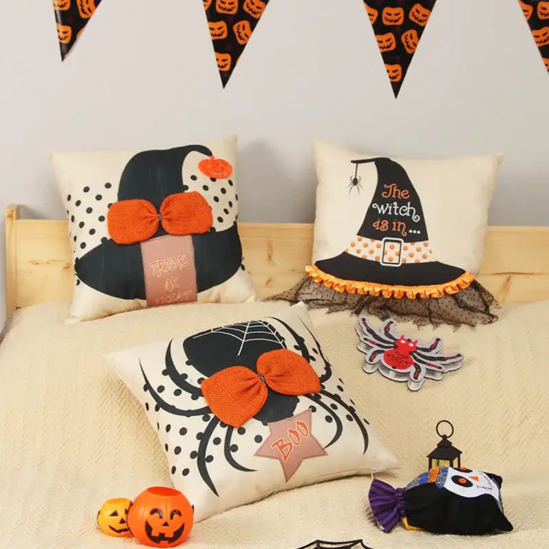 Halloween wizard hat pillow cover with spider embroidered design in black orange and cream fabric bows for living room decor