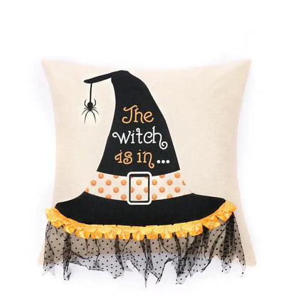 Beige halloween wizard hat pillow cover with spider embroidered design, black witch hat, orange text, and yellow trim