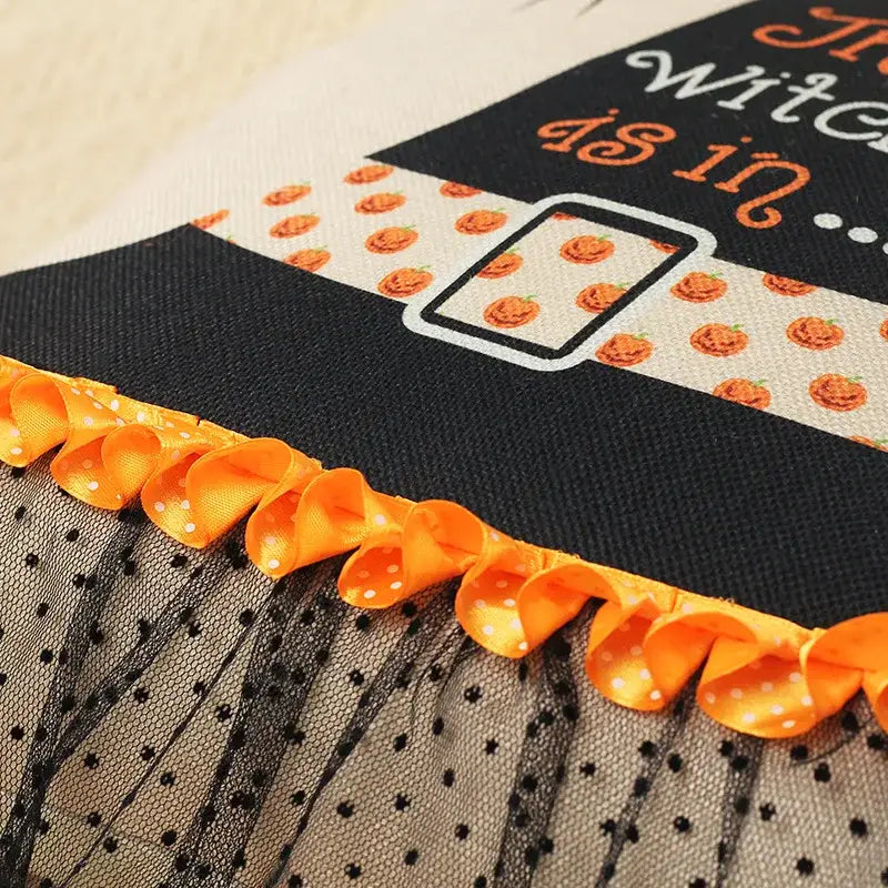 Halloween wizard hat spider embroidered pillow cover with black beige fabric and orange polka-dot ribbon trim hem