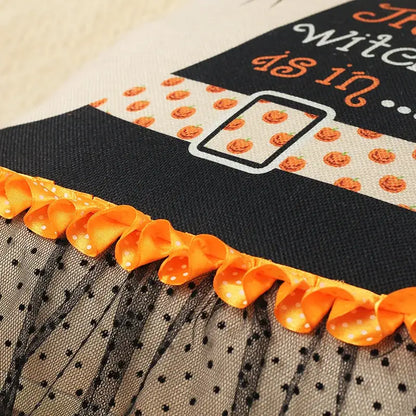 Halloween wizard hat spider embroidered pillow cover with black beige fabric and orange polka-dot ribbon trim hem